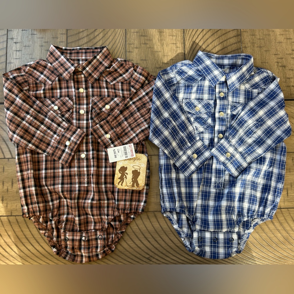 Two Wrangler Pearl Snap One Piece Baby 12M Brown & Blue Plaid Long Sleeve (E-17)